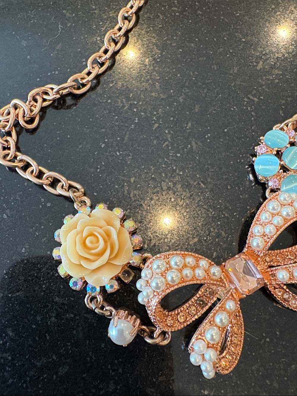 Gold-Tone Bow & Floral Statement Necklace - Yellow & Turquoise - Picture 6 of 6